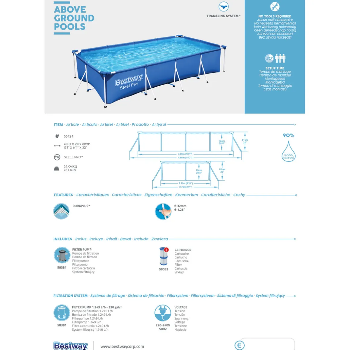 Bestway Steel Pro Frame Pool-Set mit Filterpumpe 400 x 211 x 81 cm blau eckig