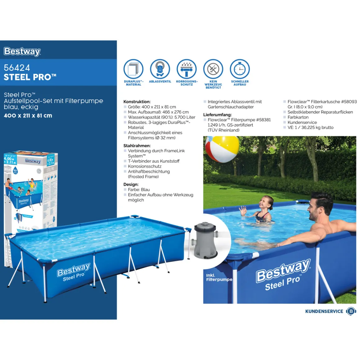 Bestway Steel Pro Frame Pool-Set mit Filterpumpe 400 x 211 x 81 cm blau eckig