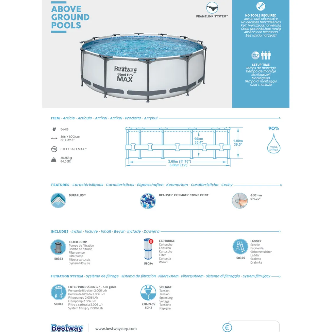 Bestway Steel Pro Max Frame-Pool-Set mit Filterpumpe Durchmesser 366 x 100 cm grau