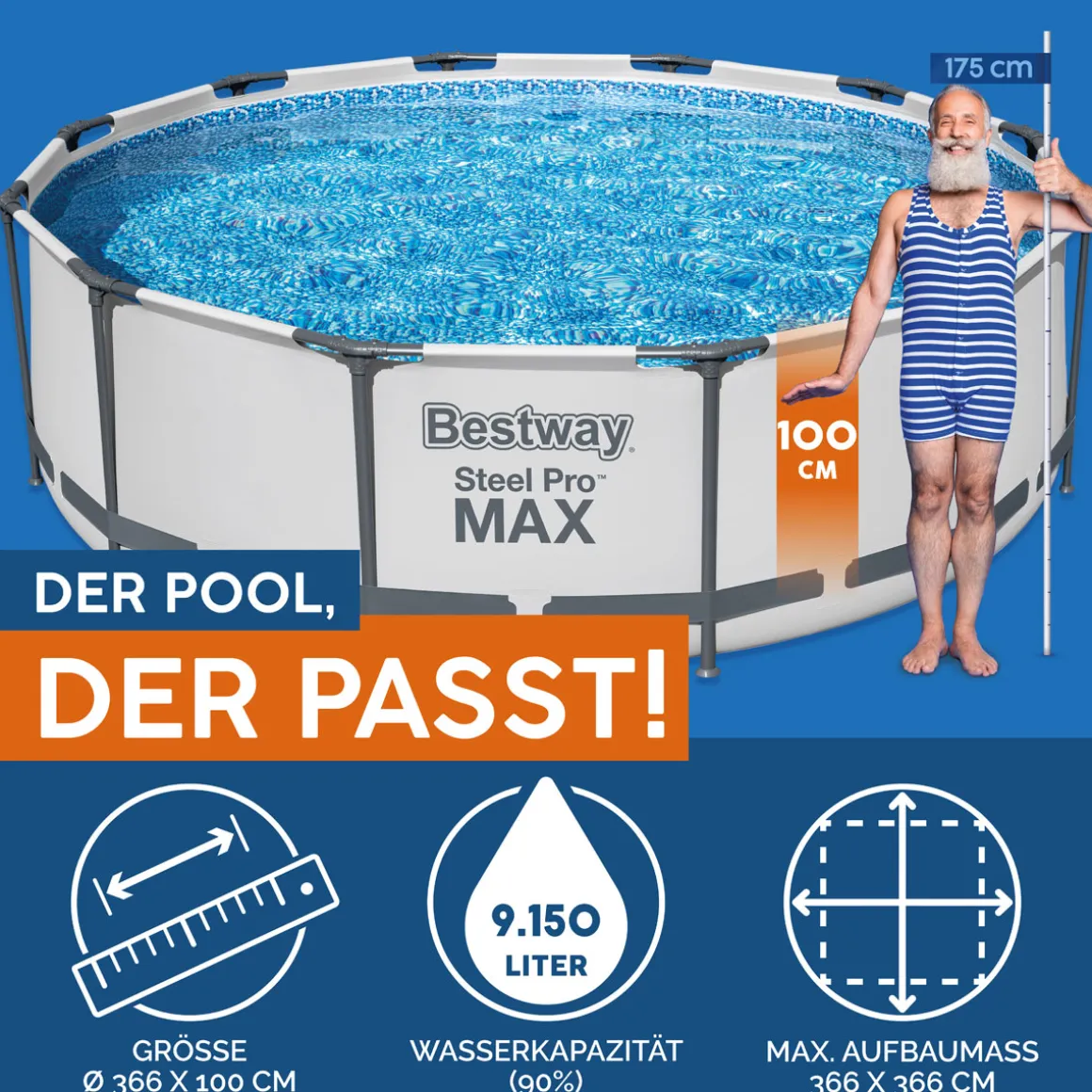 Bestway Steel Pro Max Frame-Pool-Set mit Filterpumpe Durchmesser 366 x 100 cm grau