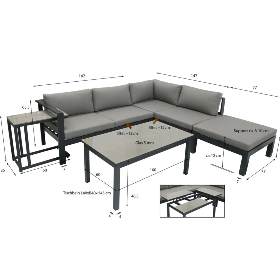 Garden Pleasure Lounge-Eckgruppe MIRANDA, 5-tlg. Alu / Olefin / Nonwood, grau