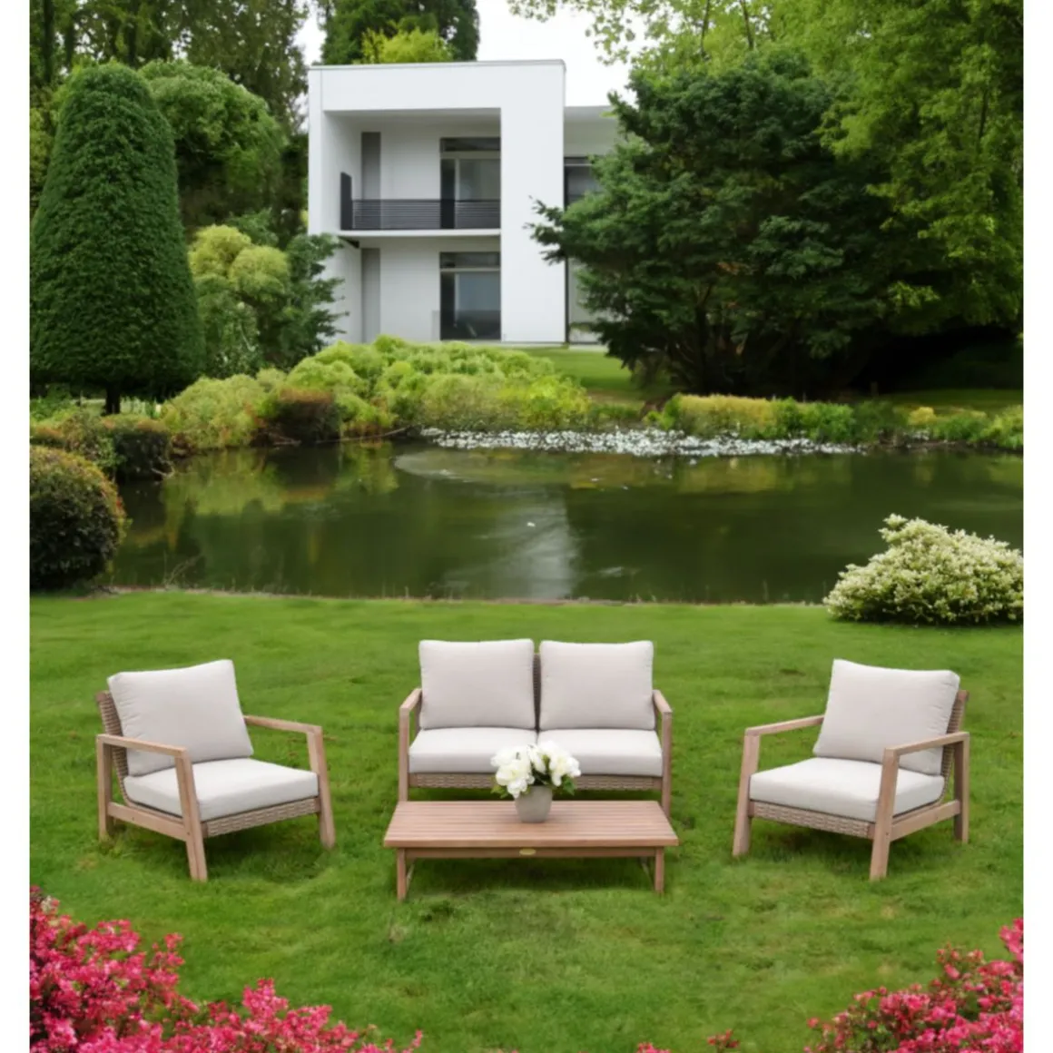 Garden Pleasure Lounge-Set SAN MATEO, 4-teilig, Eukalyptus,Geflecht,Polyester100%