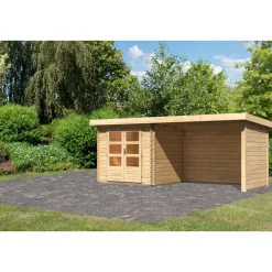 Karibu Blockbohlenhaus Bastrup 2 naturbelassen mit Anbaudach und Seiten