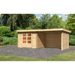 Karibu Blockbohlenhaus Bastrup 3 naturbelassen mit Anbaudach und Seiten