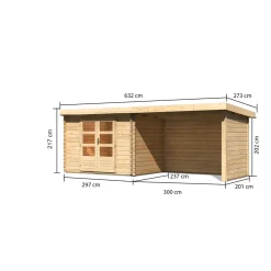 Karibu Blockbohlenhaus Bastrup 3 naturbelassen mit Anbaudach und Seiten
