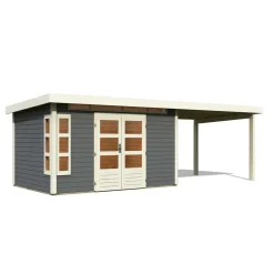 Karibu Blockbohlenhaus Kastorf 7 terragrau mit Anbaudach