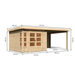 Karibu Blockbohlenhaus Kastorf 6 naturbelassen mit Anbaudach und Rückwand