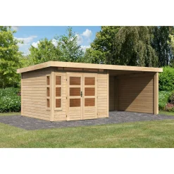 Karibu Blockbohlenhaus Kastorf 6 naturbelassen mit Anbaudach und Seiten