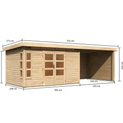 Karibu Blockbohlenhaus Kastorf 6 naturbelassen mit Anbaudach und Seiten