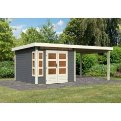 Karibu Blockbohlenhaus Kastorf 6 terragrau mit Anbaudach