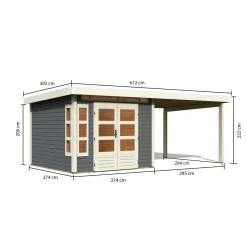 Karibu Blockbohlenhaus Kastorf 6 terragrau mit Anbaudach