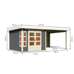 Karibu Blockbohlenhaus Kastorf 6 terragrau mit Anbaudach und Rückwand