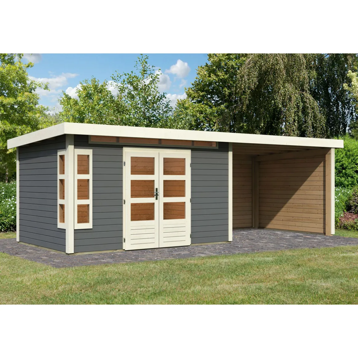 Karibu Blockbohlenhaus Kastorf 7 terragrau mit Anbaudach und Seiten