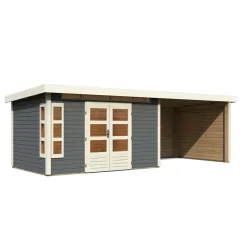 Karibu Blockbohlenhaus Kastorf 7 terragrau mit Anbaudach und Seiten