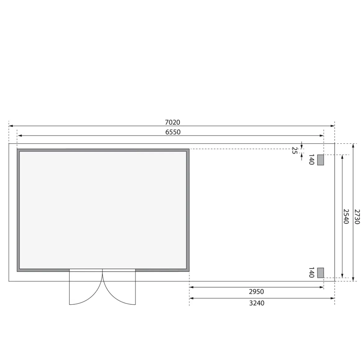Karibu Blockbohlenhaus Kastorf 7 terragrau mit Anbaudach und Seiten