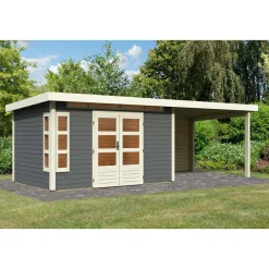 Karibu Blockbohlenhaus Kastorf 7 terragrau mit Anbaudach und Rückwand