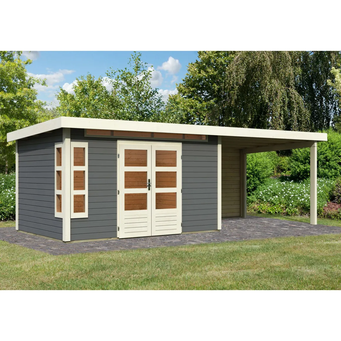 Karibu Blockbohlenhaus Kastorf 7 terragrau mit Anbaudach und Rückwand