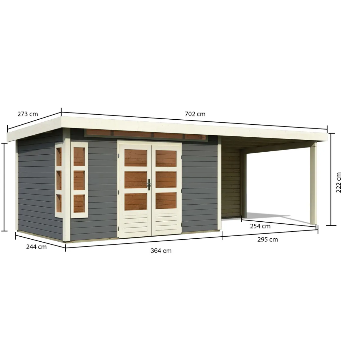 Karibu Blockbohlenhaus Kastorf 7 terragrau mit Anbaudach und Rückwand