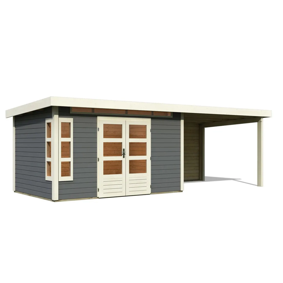 Karibu Blockbohlenhaus Kastorf 7 terragrau mit Anbaudach und Rückwand