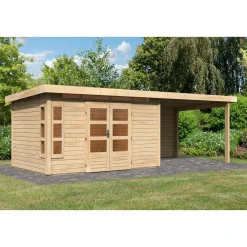 Karibu Blockbohlenhaus Kastorf 7 naturbelassen mit Anbaudach und Rückwand