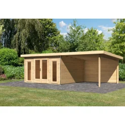 Karibu Blockbohlenhaus Radeburg 3 naturbelassen mit Anbaudach und Rückwand