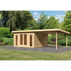 Karibu Blockbohlenhaus Radeburg 3 naturbelassen mit Anbaudach