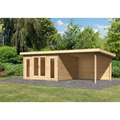 Karibu Blockbohlenhaus Radeburg 2 naturbelassen mit Anbaudach und Rückwand