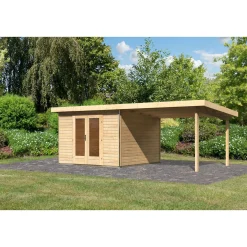 Karibu Blockbohlenhaus Radeburg 1 naturbelassen mit Anbaudach