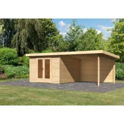 Karibu Blockbohlenhaus Radeburg 1 naturbelassen mit Anbaudach und Rückwand