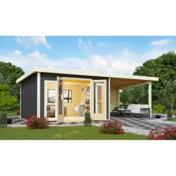 Karibu Blockbohlenhaus Radeburg 2 terragrau mit Anbaudach und Rückwand