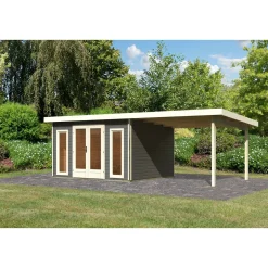 Karibu Blockbohlenhaus Radeburg 2 terragrau mit Anbaudach