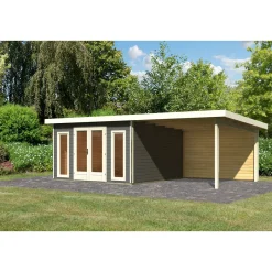 Karibu Blockbohlenhaus Radeburg 3 terragrau mit Anbaudach und Rückwand