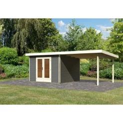 Karibu Blockbohlenhaus Radeburg 1 terragrau mit Anbaudach