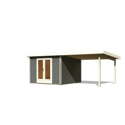 Karibu Blockbohlenhaus Radeburg 1 terragrau mit Anbaudach