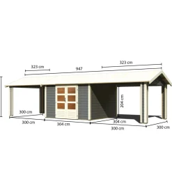 Karibu Blockbohlenhaus Theres 7 terragrau mit 2 Dachausbauelementen