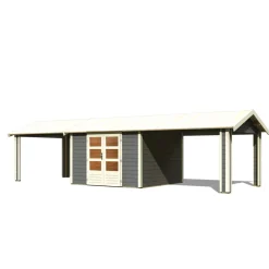 Karibu Blockbohlenhaus Theres 7 terragrau mit 2 Dachausbauelementen