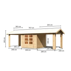 Karibu Blockbohlenhaus Theres 3 naturbelassen mit 2 Dachausbauelementen