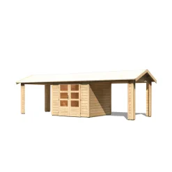 Karibu Blockbohlenhaus Theres 3 naturbelassen mit 2 Dachausbauelementen