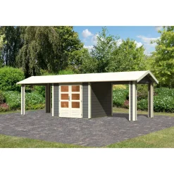 Karibu Blockbohlenhaus Theres 3 terragrau mit 2 Dachausbauelementen