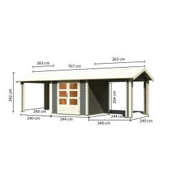 Karibu Blockbohlenhaus Theres 3 terragrau mit 2 Dachausbauelementen