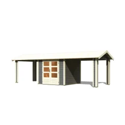 Karibu Blockbohlenhaus Theres 3 terragrau mit 2 Dachausbauelementen