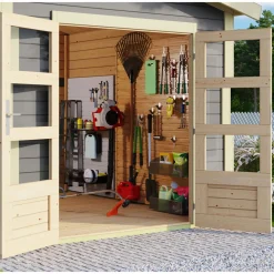 Karibu Blockbohlenhaus Theres 7 terragrau mit Dachausbauelement