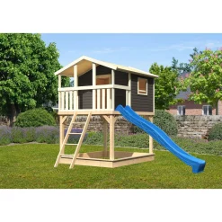 Karibu Stelzenhaus Benjamin terragrau inkl Rutsche blau