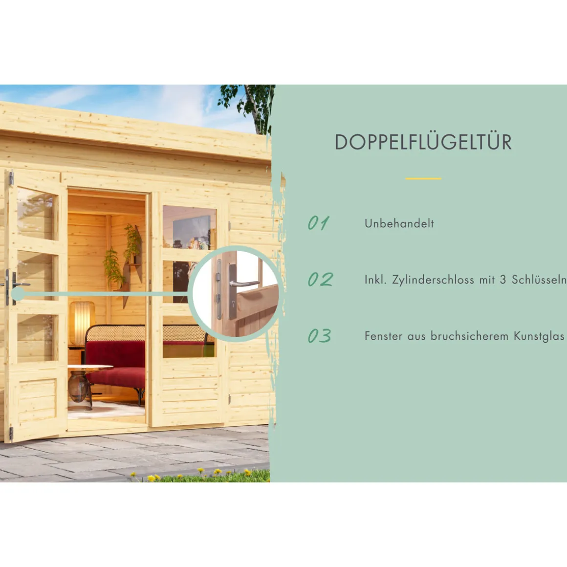 Karibu BBH Bastrup 8 Set mit Anbaudach naturbelassen