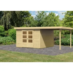 Karibu Gartenhaus Askola 5 mit Anbaudach 225 cm naturbelassen