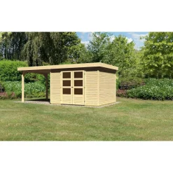Karibu Gartenhaus Askola 5 mit Anbaudach 225 cm naturbelassen