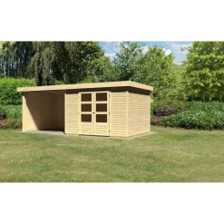 Karibu Gartenhaus Askola mit Anbaudach 265 cm und Seiten-/Rückwand naturbelassen 557 x 246 x 218 cm