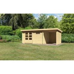 Karibu Gartenhaus Bastrup mit Schleppdach 200 cm und Seiten-/Rückwand naturbelassen 387 x 297 x 222 cm
