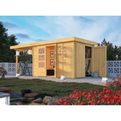 Karibu Gartenhaus Retola 3 inkl Anbauschrank und Anbaudach 2,40 Meter naturbelassen