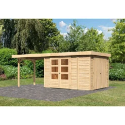 Karibu Gartenhaus Retola 4 inkl Anbauschrank und Anbaudach 2,80 Meter naturbelassen